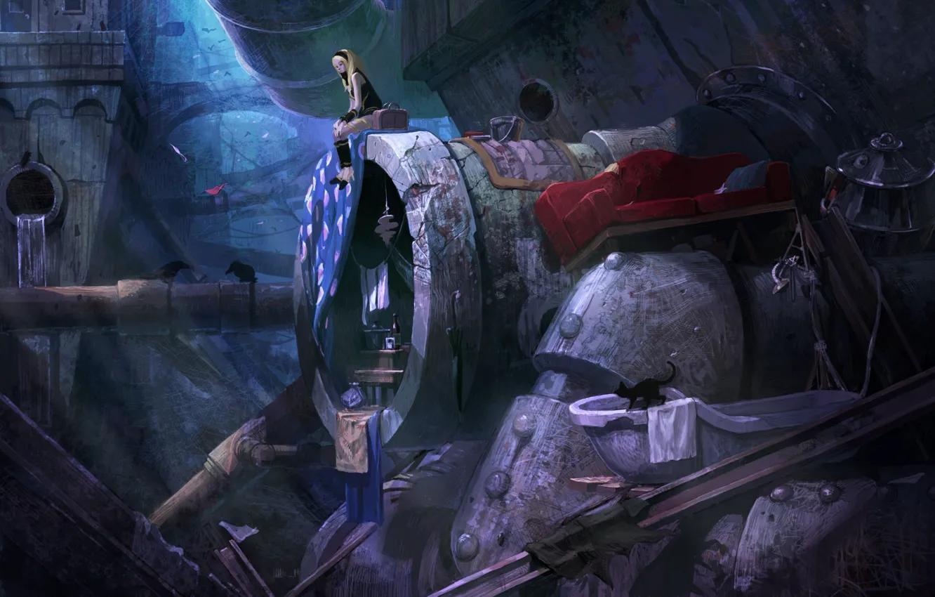 Photo wallpaper cat, water, girl, pose, bird, sitting, art, tagme