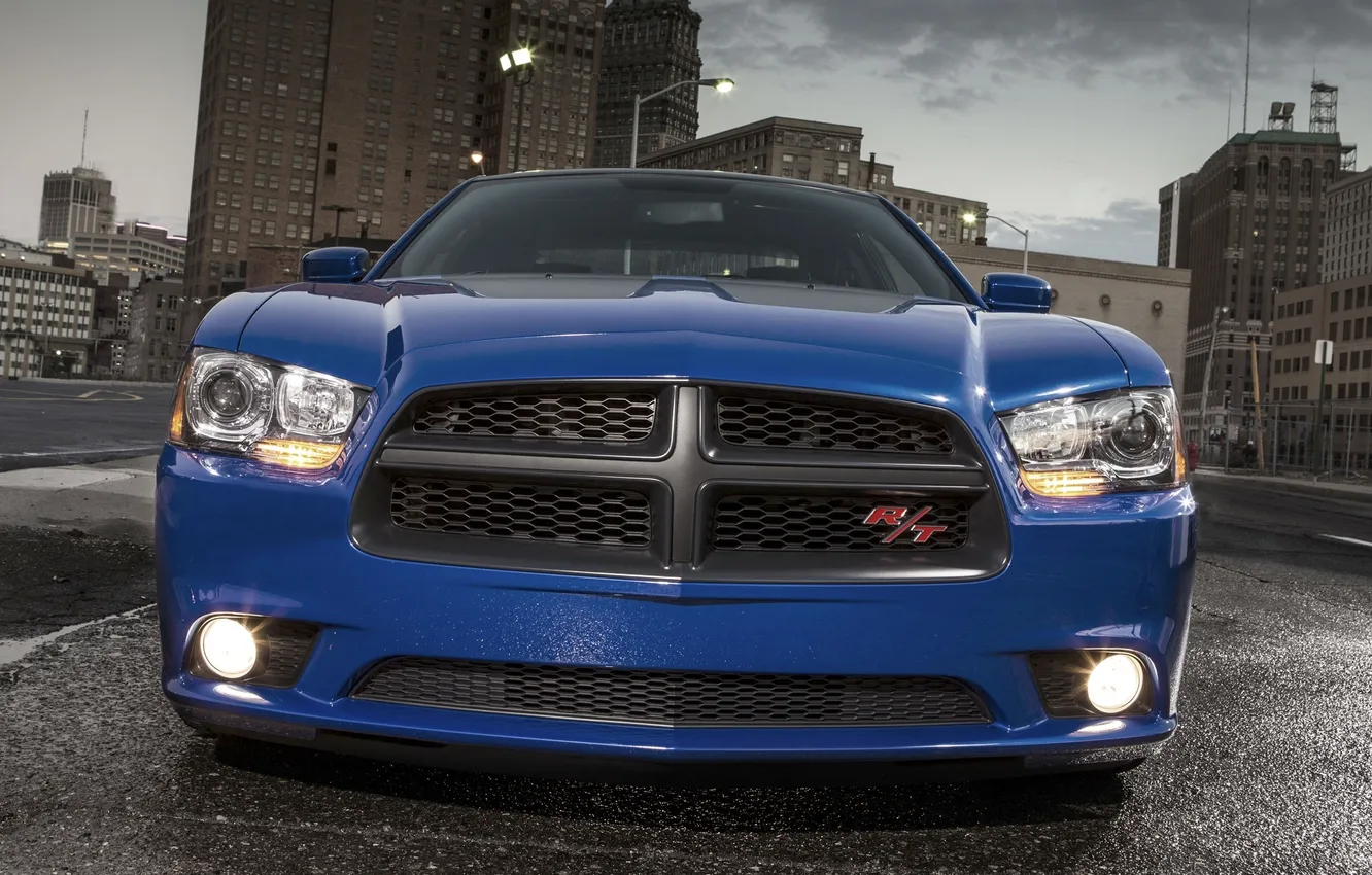 Photo wallpaper blue, the city, lights, the evening, Dodge, Dodge, Charger, the front