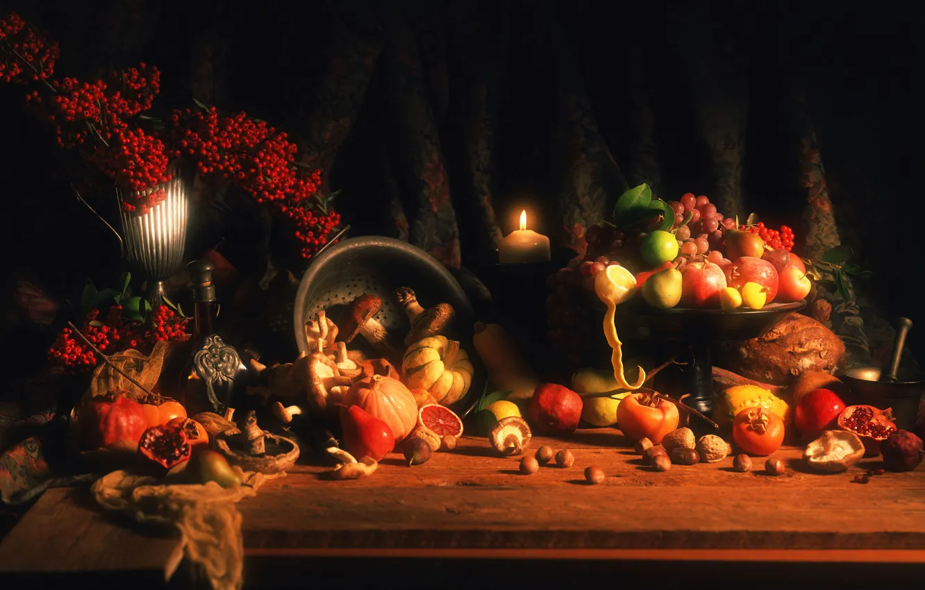 Photo wallpaper autumn, apples, candles, October, harvest, pumpkin, fruit, nuts