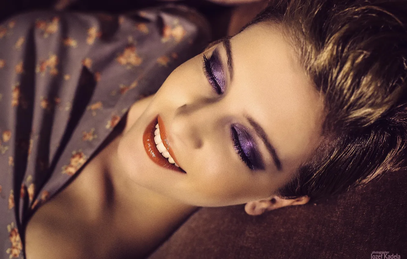 Photo wallpaper eyes, smile, makeup, lips, view, photographer, face, Josef Kadela