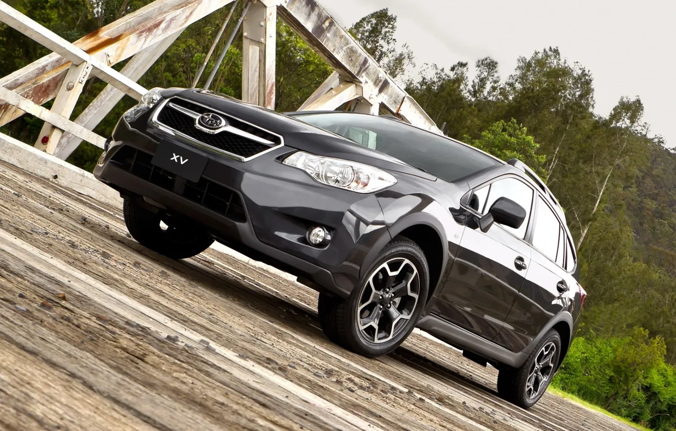 Photo wallpaper trees, bridge, black, Subaru, jeep, the front, Subaru, crossover