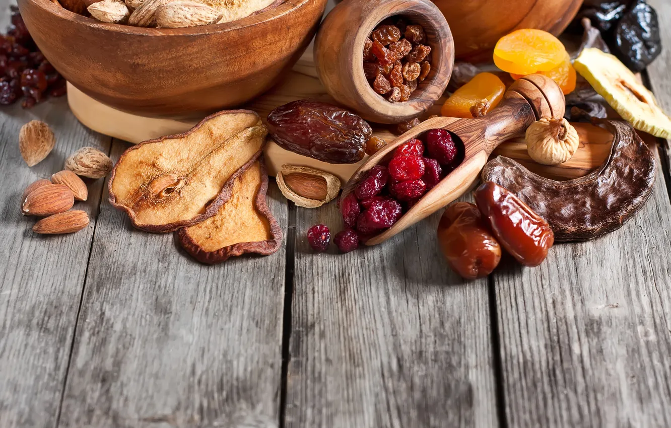Photo wallpaper cherry, apples, pear, raisins, figs, dried apricots, dried fruits, dates