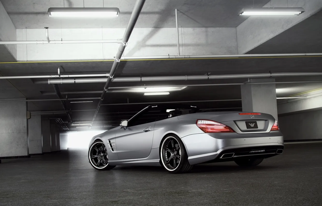 Photo wallpaper light, tuning, Mercedes-Benz, garage, lights, Roadster, Mercedes, rear view