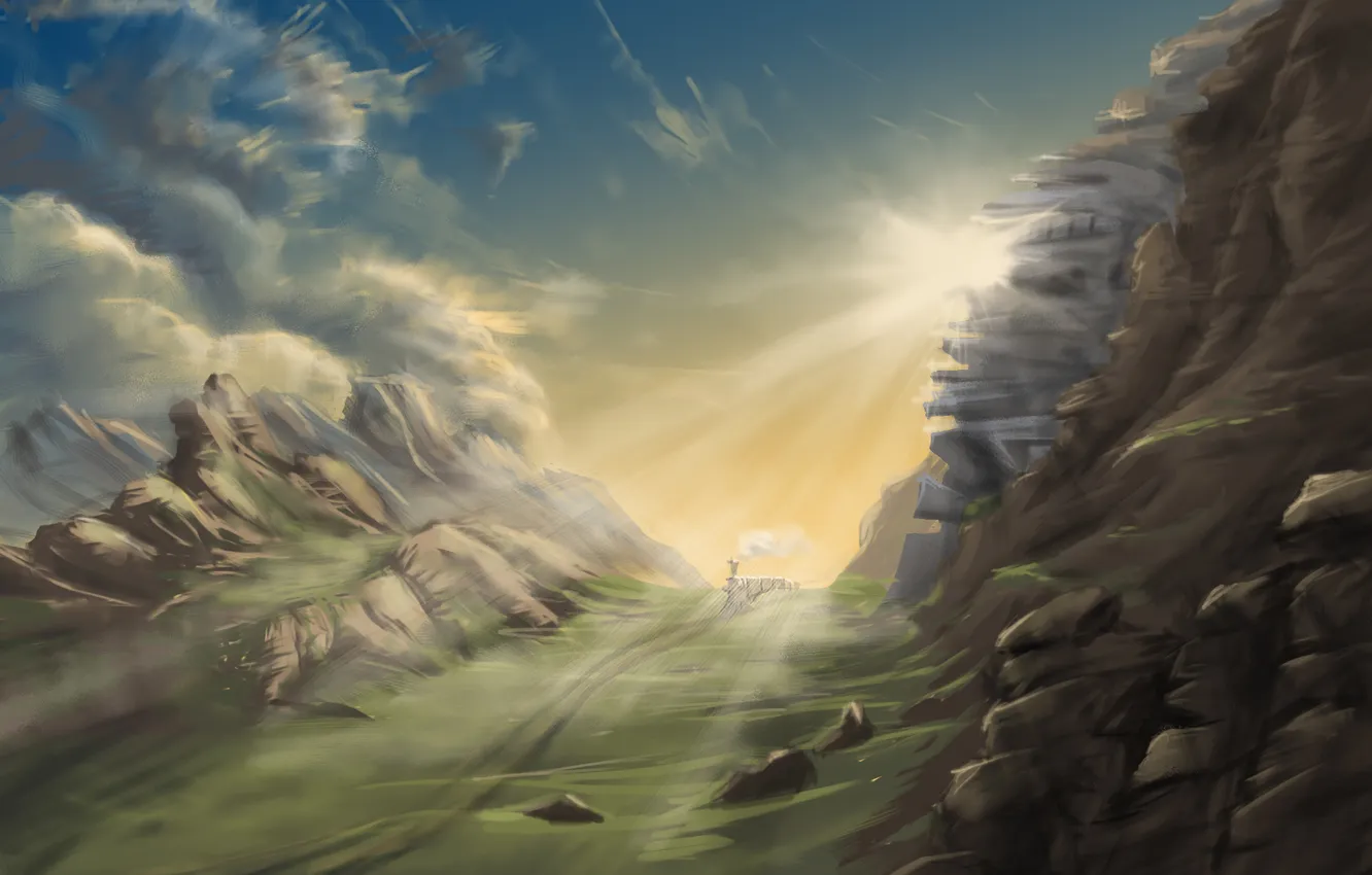 Photo wallpaper the sky, clouds, landscape, nature, rocks, rails, train, art