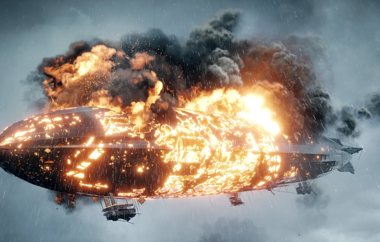 Photo wallpaper fire, war, the game, Zeppelin, burns, Electronic Arts, Battlefield 1