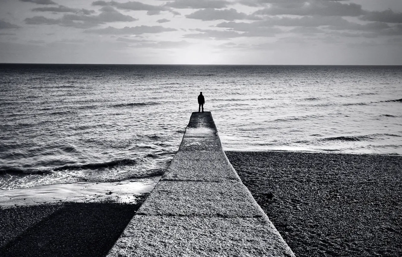Photo wallpaper sea, shore, people, black and white, pier, horizon