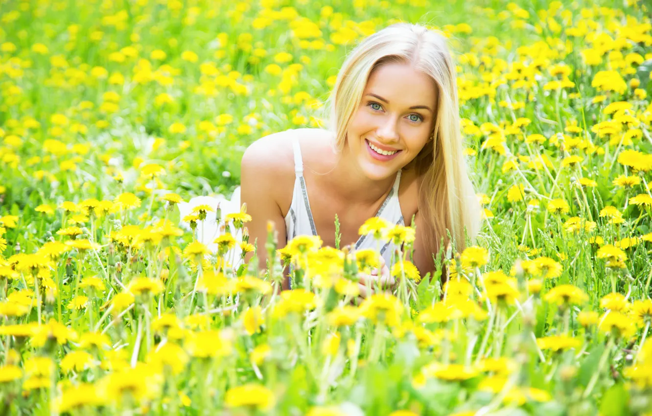 Photo wallpaper grass, girl, flowers, blonde, dandelions, gray-eyed