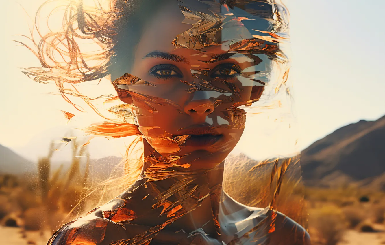 Photo wallpaper look, girl, mountains, face, hair, digital art, AI art, The Art of Artificial Intelligence