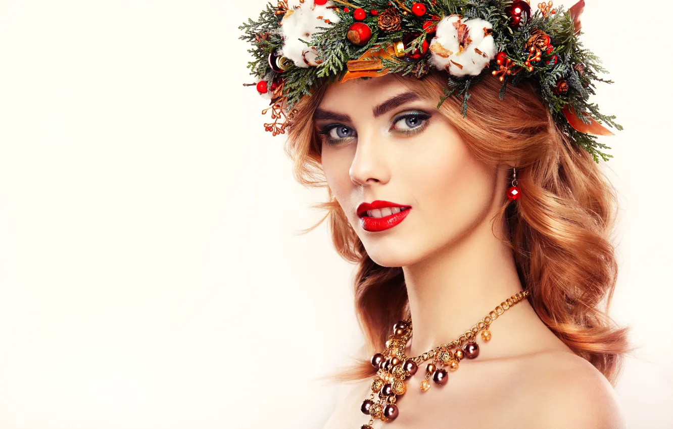 Photo wallpaper look, girl, decoration, face, makeup, hairstyle, needles, wreath