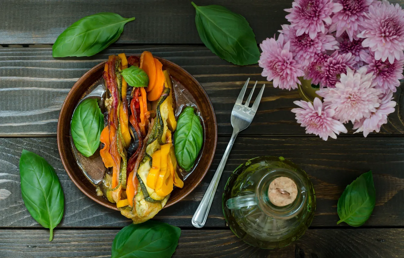 Photo wallpaper flowers, Basil, wood, food, appetizer, salad
