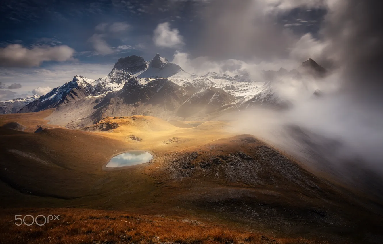 Photo wallpaper clouds, mountains, fog, lake, rocks, valley
