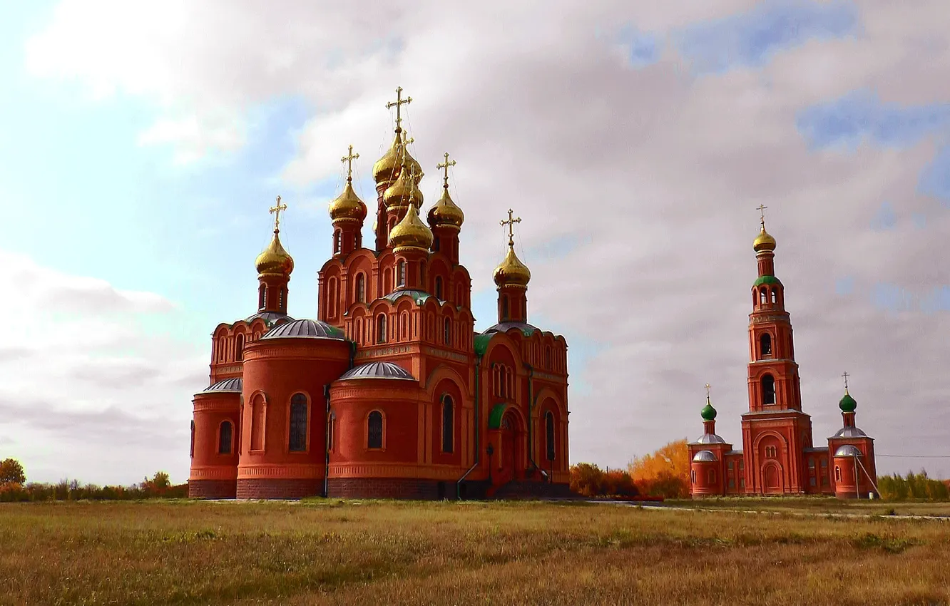 Photo wallpaper autumn, leaves, clouds, Church, Temple, religion, the monastery, OMSK