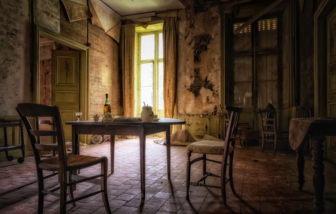 Photo wallpaper light, old, house, table, room, wine, Wallpaper, wall