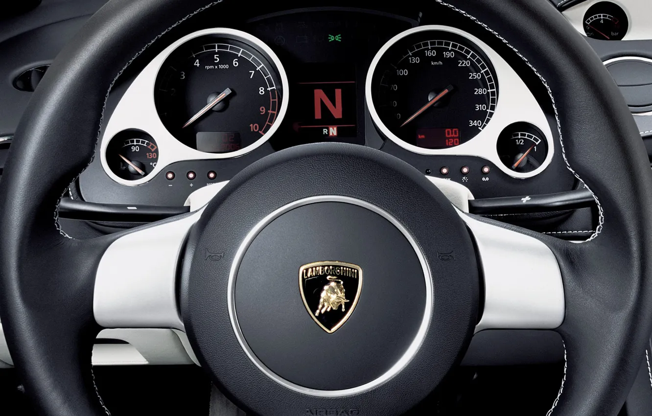Photo wallpaper Lamborghini, the wheel, Gallardo, dashboard