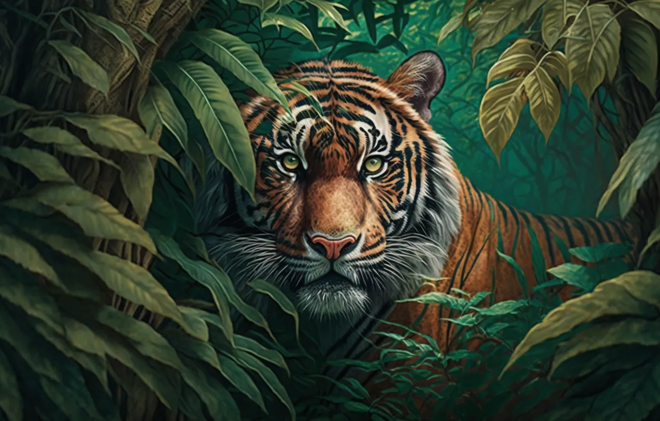 Photo wallpaper look, face, tiger, predator, jungle, striped, big cat, digital art