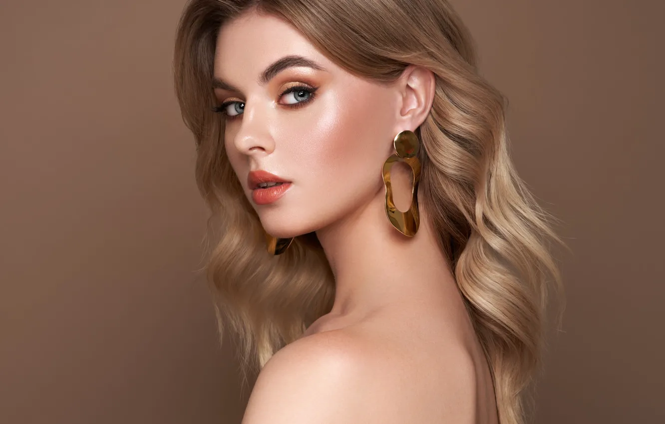 Photo wallpaper look, background, model, portrait, makeup, hairstyle, beauty, bare shoulders