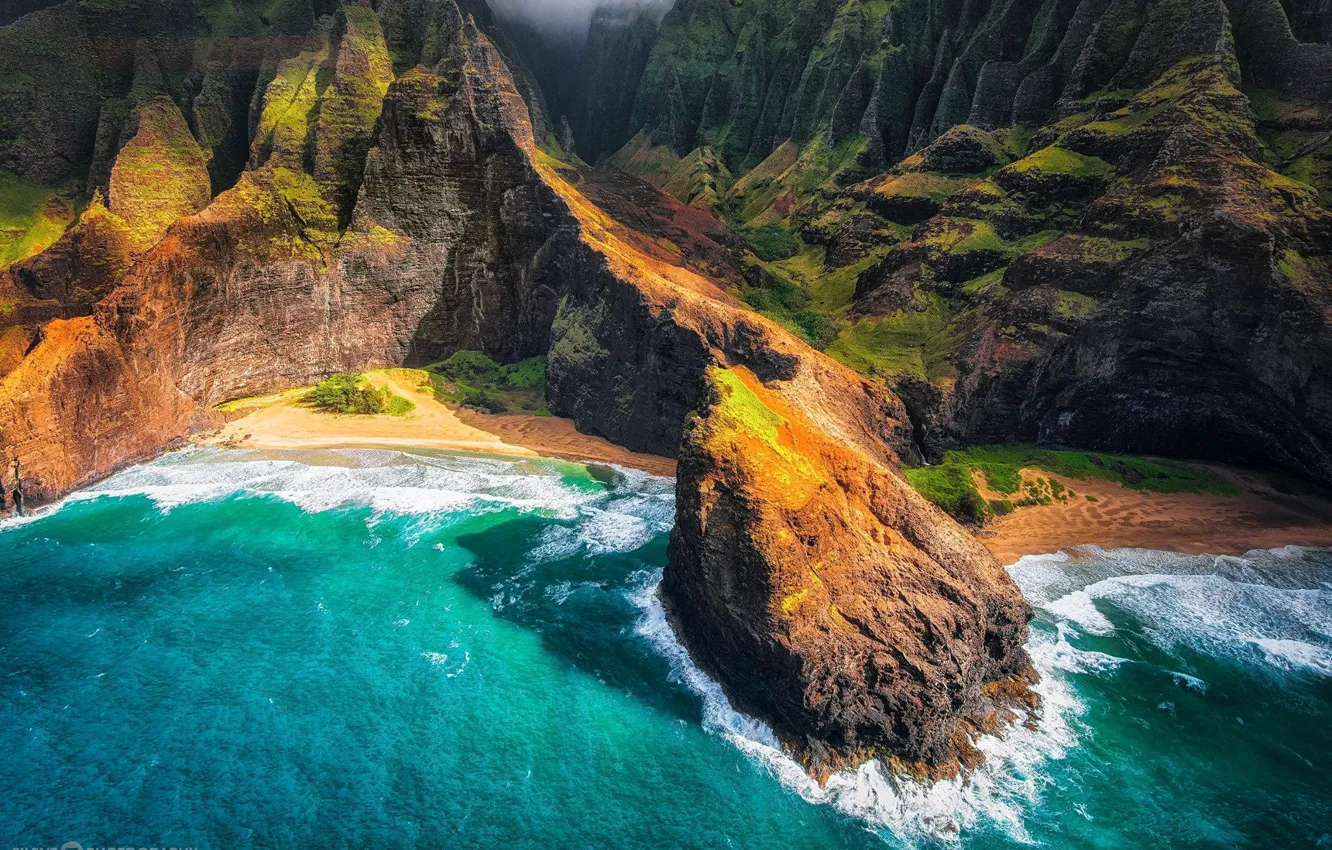Photo wallpaper mountains, the ocean, island, panorama, Hawaii