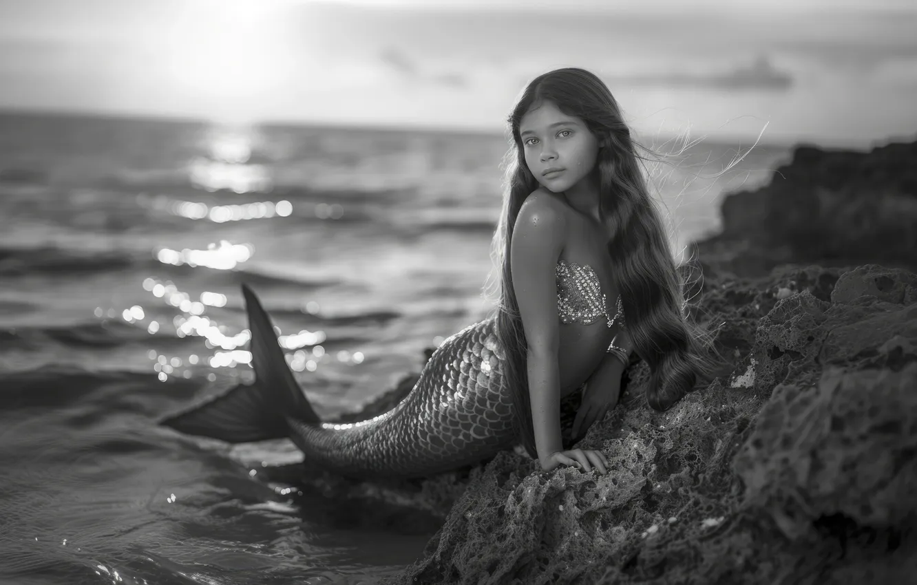 Photo wallpaper sea, water, stones, coast, hair, mermaid, girl, tail