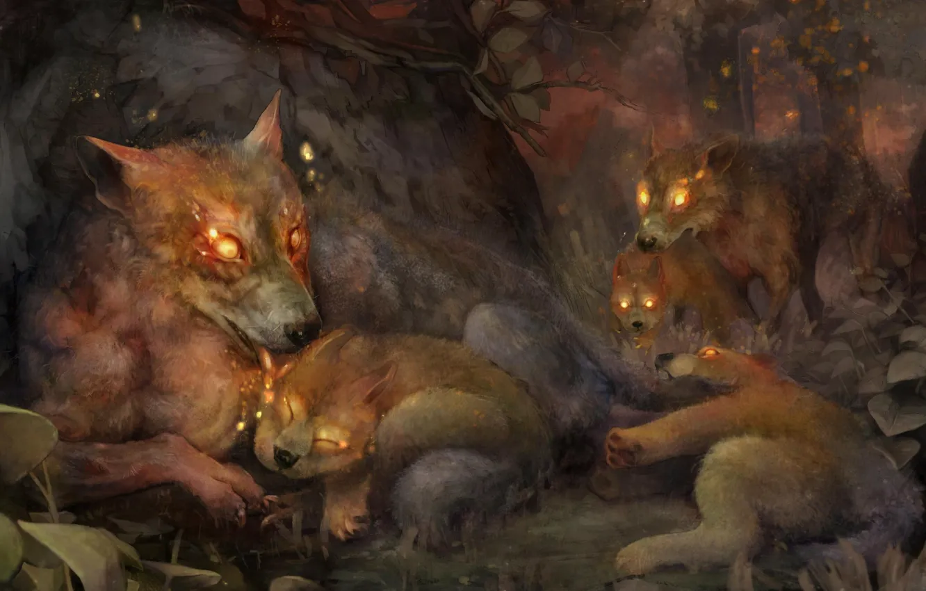 Photo wallpaper forest, pack, wolves, art, dragons crown