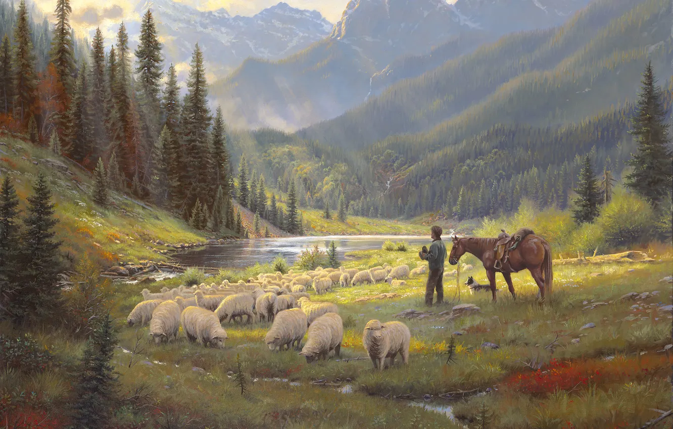 Photo wallpaper forest, the sky, light, mountains, river, horse, sheep, dog