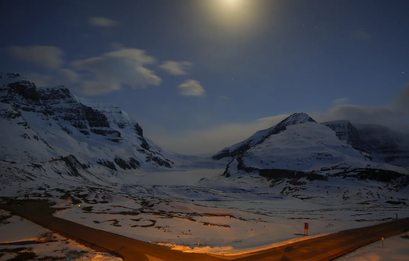Photo wallpaper winter, road, the sky, stars, snow, mountains, night, the moon