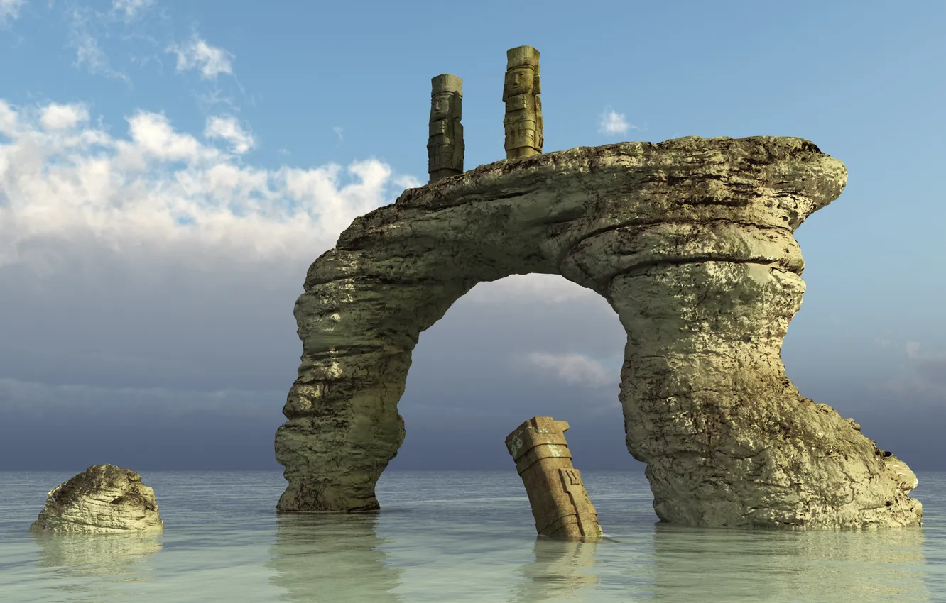 Photo wallpaper sea, rocks, horizon, arch, statue