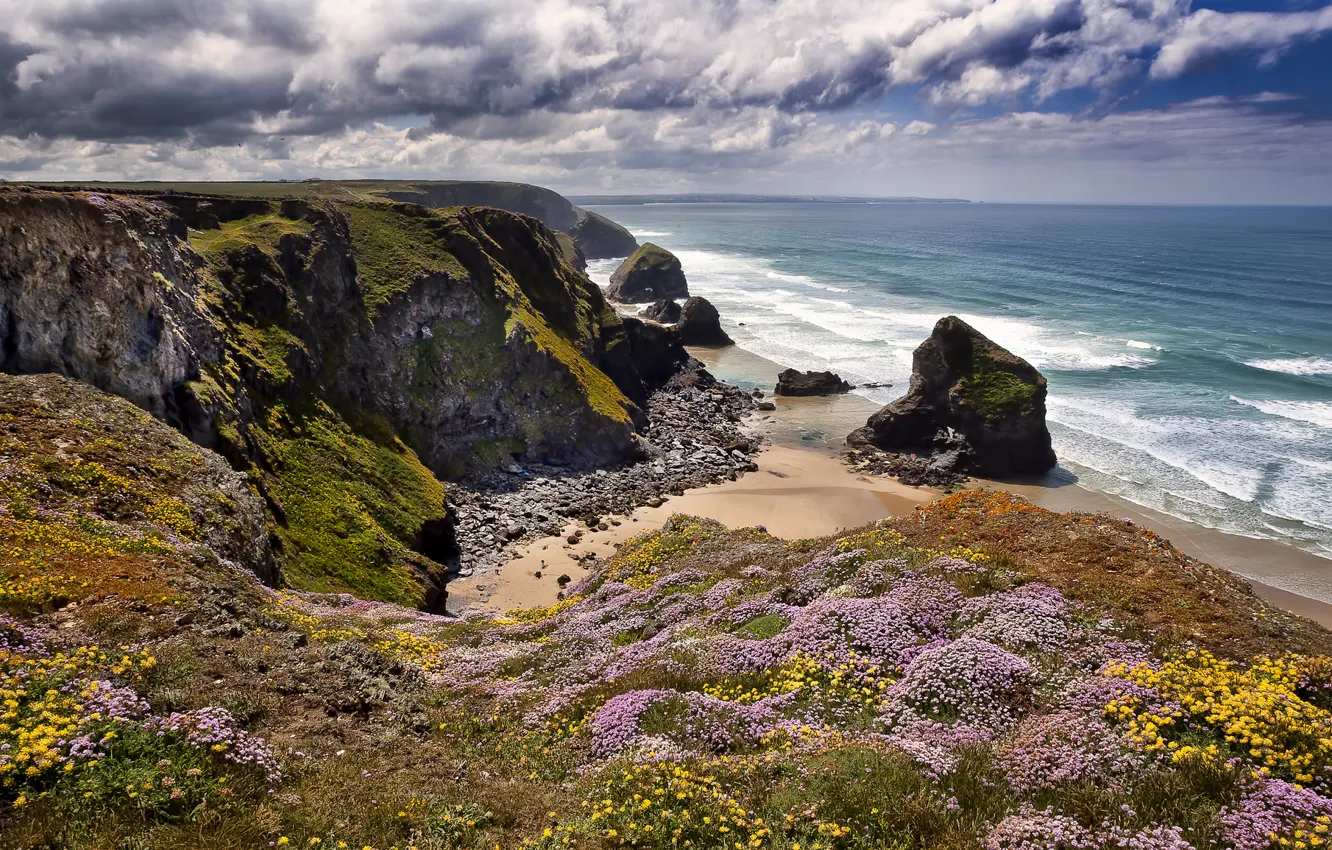Photo wallpaper rocks, coast, England, England, Cornwall, Bedruthan Steps, Celtic sea, Celtic Sea