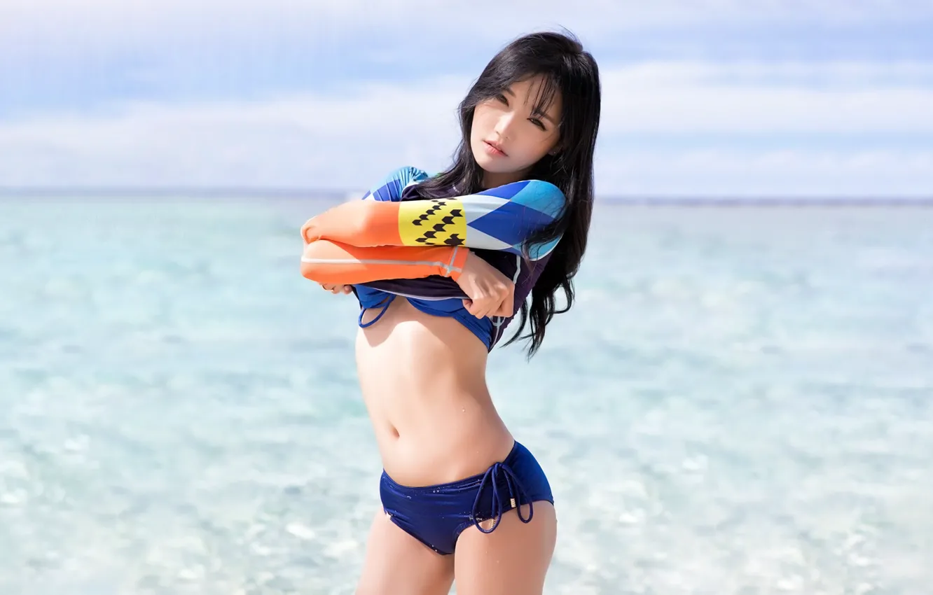 Photo wallpaper girl, sexy, cleavage, shorts, long hair, sea, boobs, beautiful