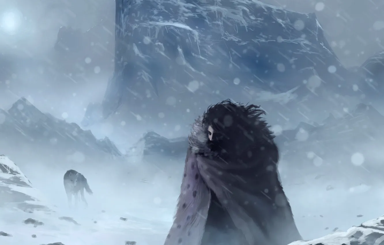 Photo wallpaper cold, winter, snow, wolf, art, Game of thrones, Jon Snow, Jon Snow