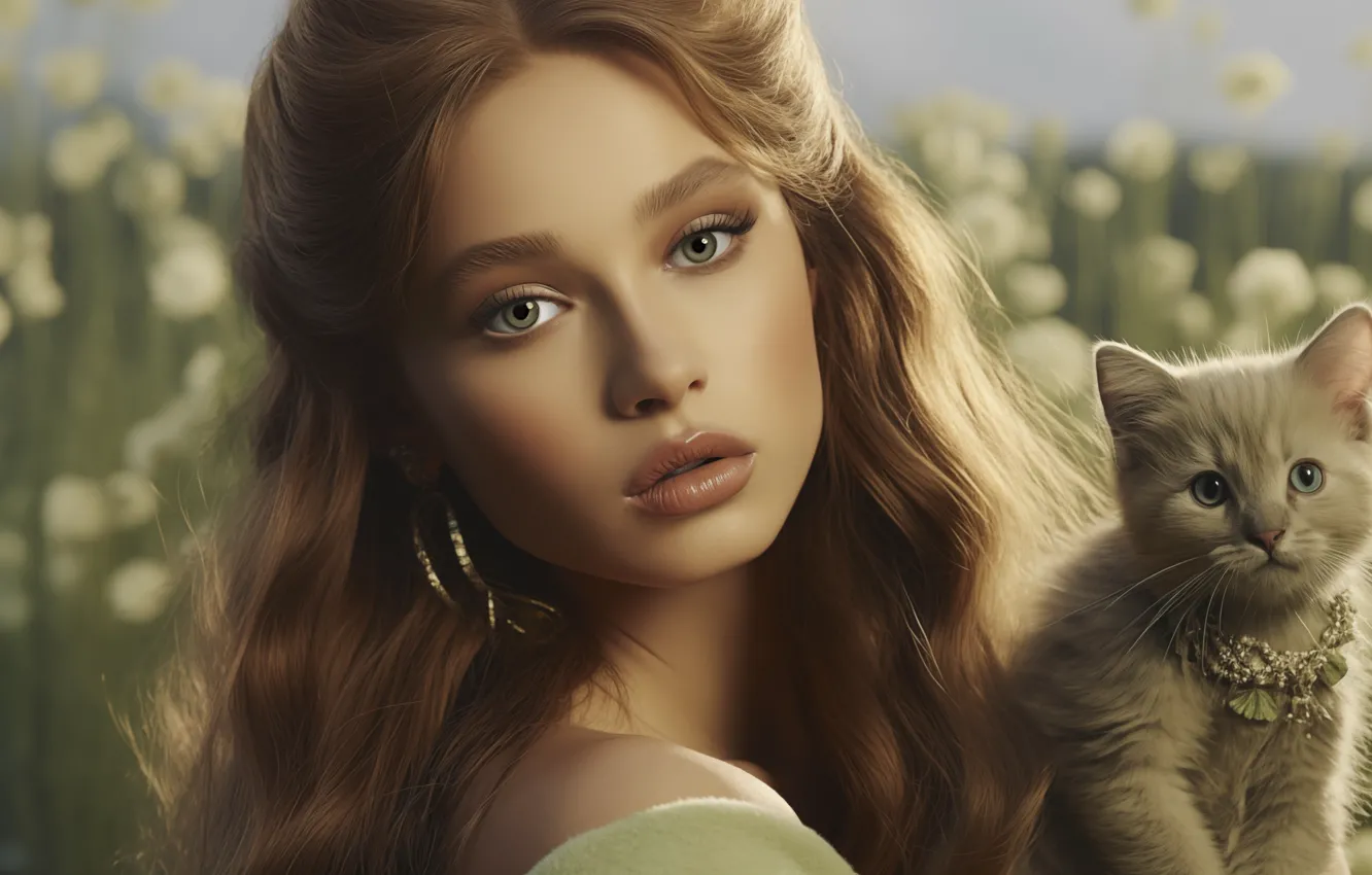 Photo wallpaper cat, girl, kitty, AI art, neural network