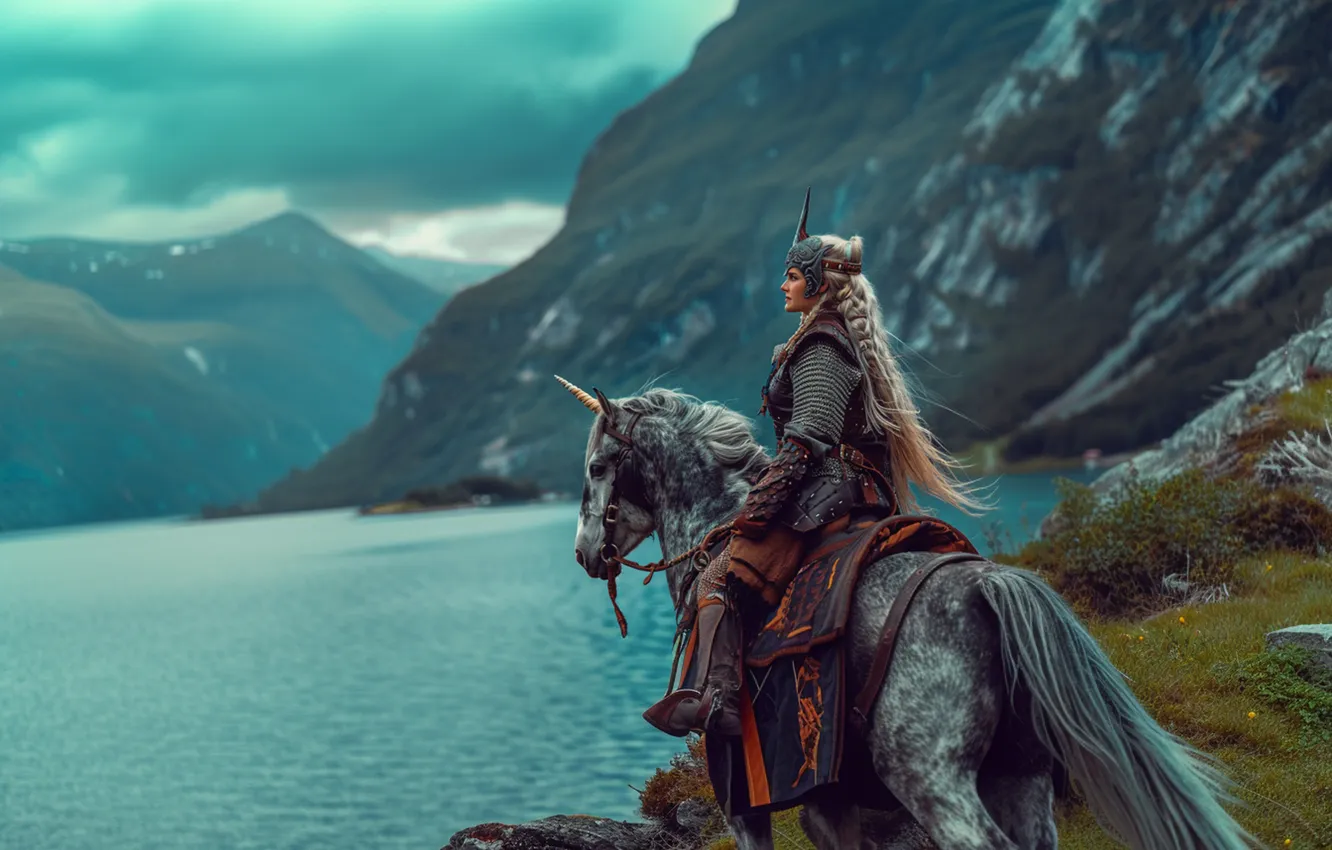 Photo wallpaper girl, mountains, nature, fog, horse, shore, woman, horse