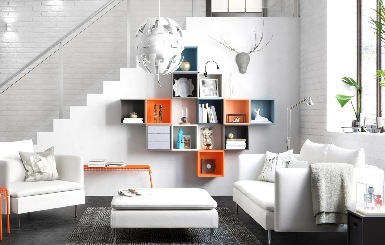Photo wallpaper design, interior, chair, ladder, living room, IKEA, Scandinavian style, IKEA idea decor