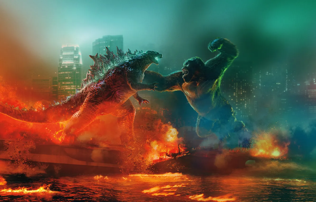 Photo wallpaper water, lights, King Kong, monkey, King Kong, gorilla, battle, Godzilla