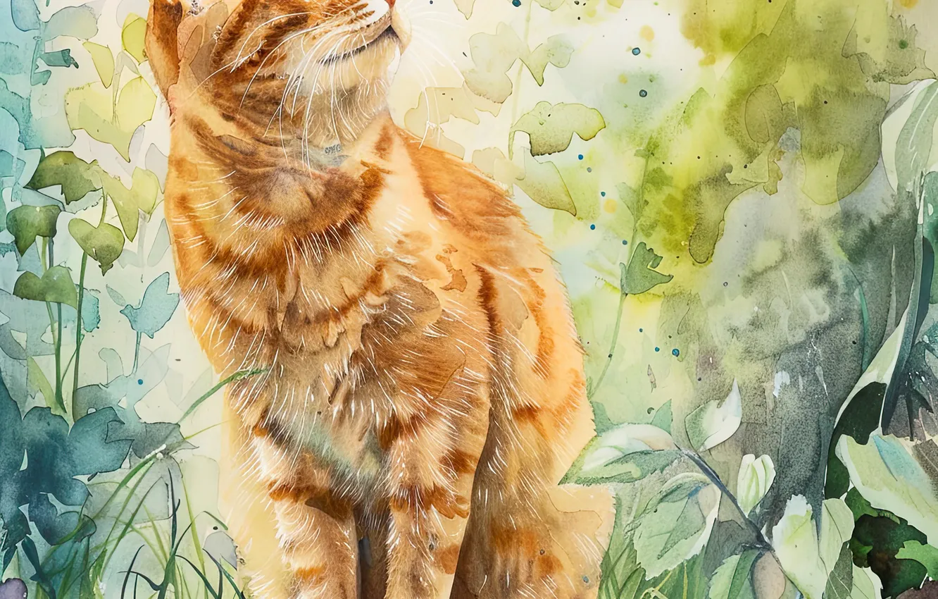 Photo wallpaper Grass, Look, Cat, Cat, Art, Red, Digital art, AI art