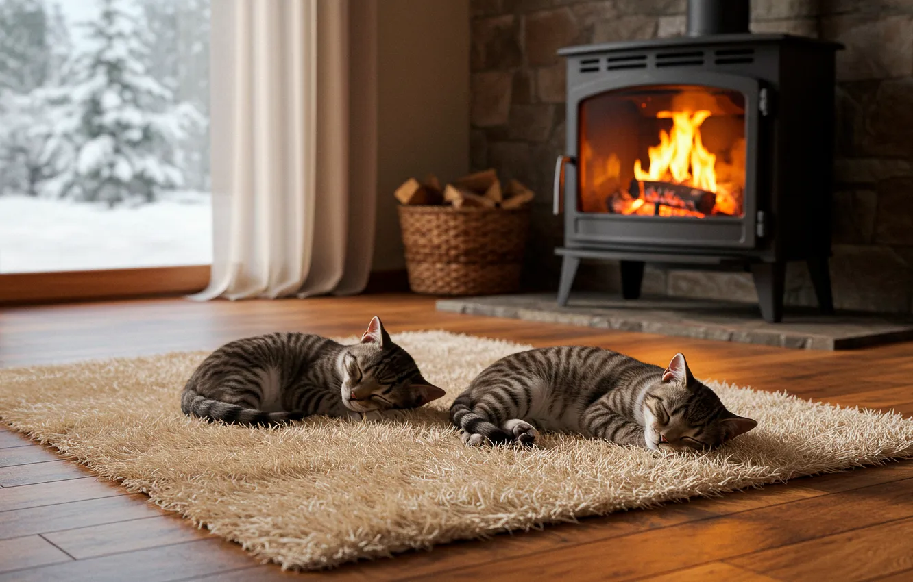 Photo wallpaper winter, window, wallpaper, fireplace, kitty, winter, window, fireplace