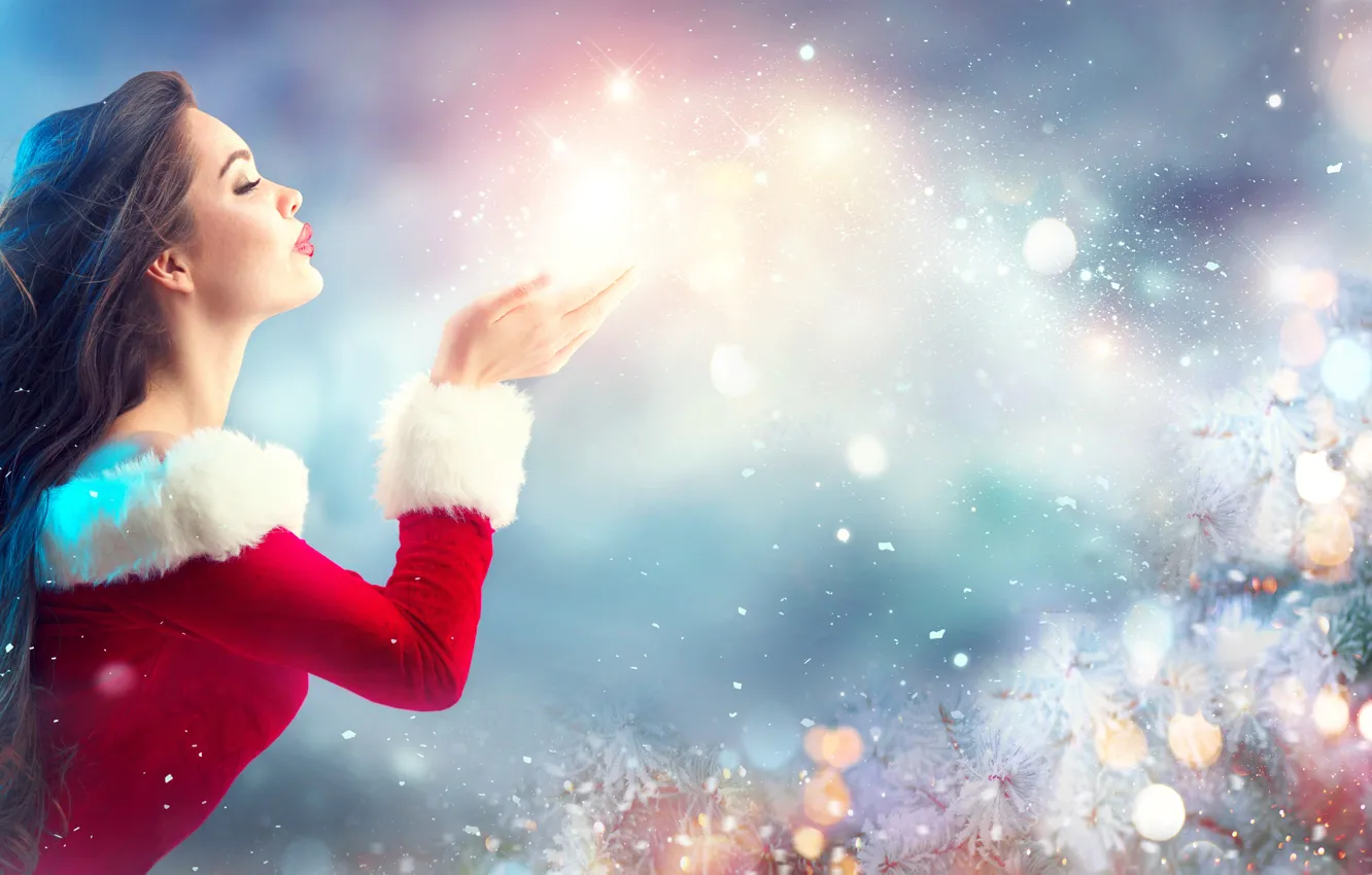 Photo wallpaper look, smile, mood, woman, Christmas, maiden, beautiful, Happy New Year