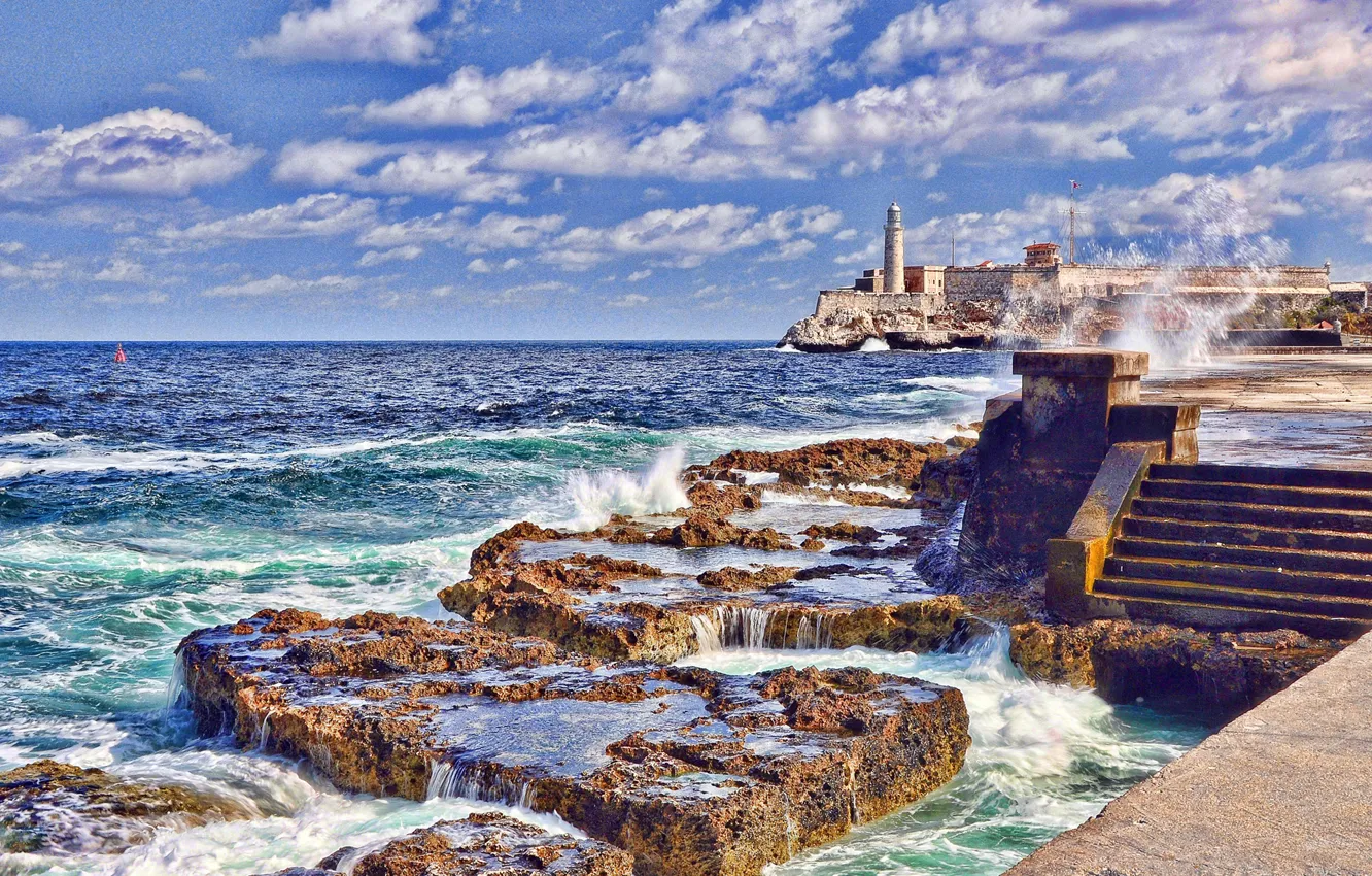 Photo wallpaper sea, wave, the sky, clouds, lighthouse, stage, fortress, Cuba