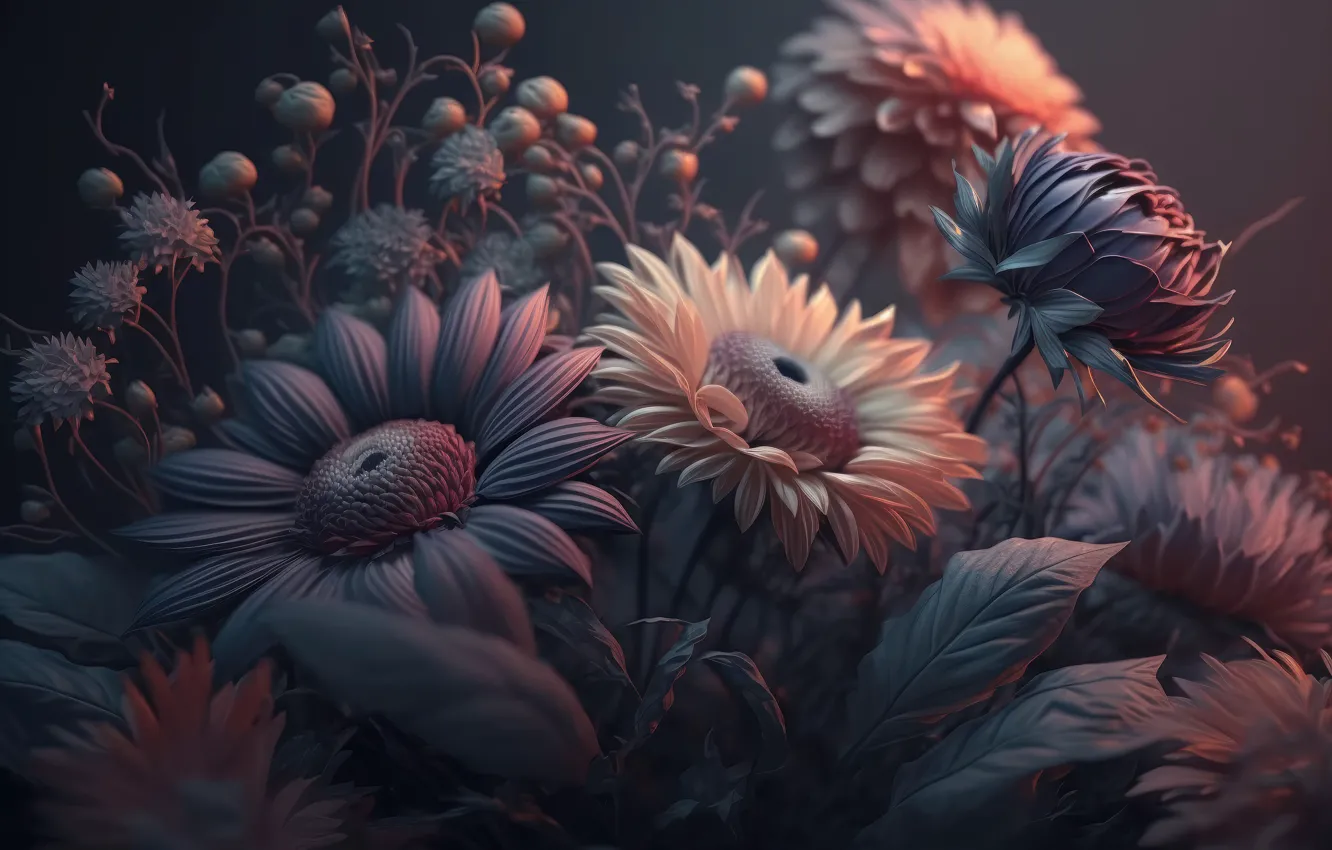 Photo wallpaper leaves, flowers, background, colorful, still life, flowers, floral, background