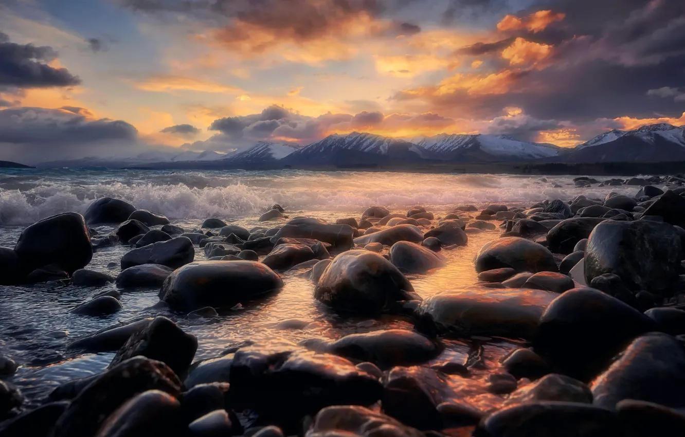 Photo wallpaper sea, the sky, clouds, sunset, mountains, stones, surf