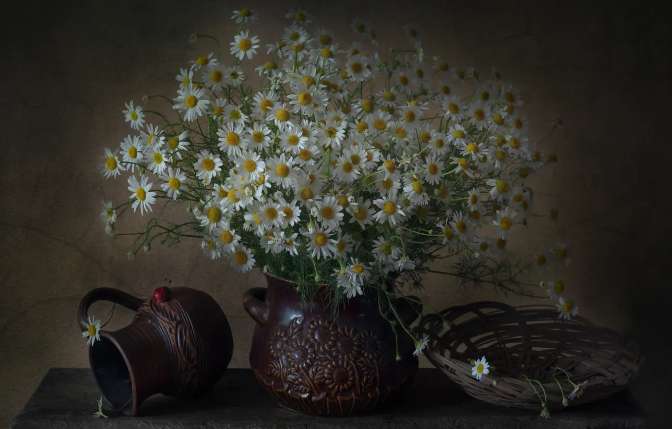 Photo wallpaper flowers, table, chamomile, bouquet, pot, pitcher, white, still life