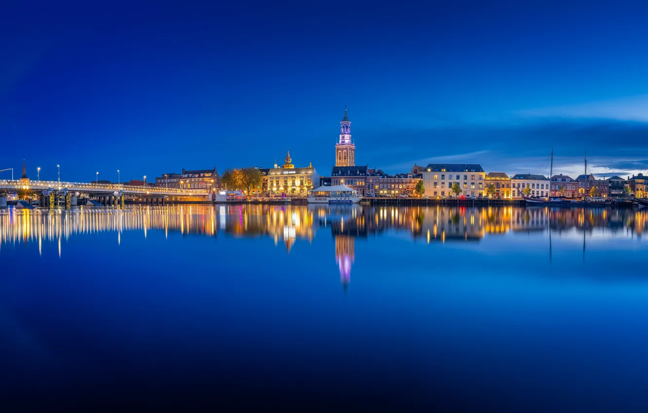 Photo wallpaper lights, the evening, panorama, Netherlands, Holland, Kampen