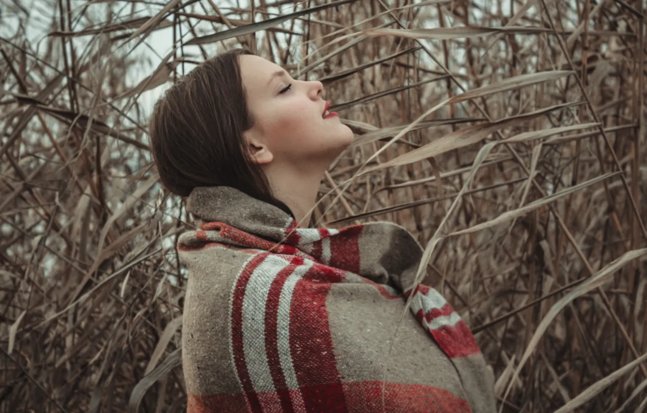 Photo wallpaper autumn, girl, river, overcast, lipstick, reed, plaid