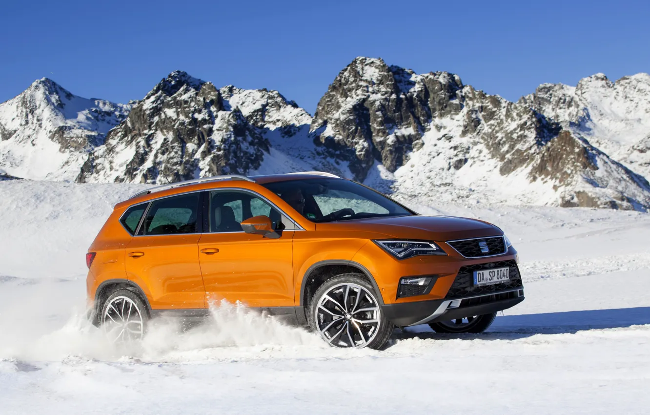 Photo wallpaper snow, mountains, tops, SUV, Seat, 2017, 4Drive, Ateca