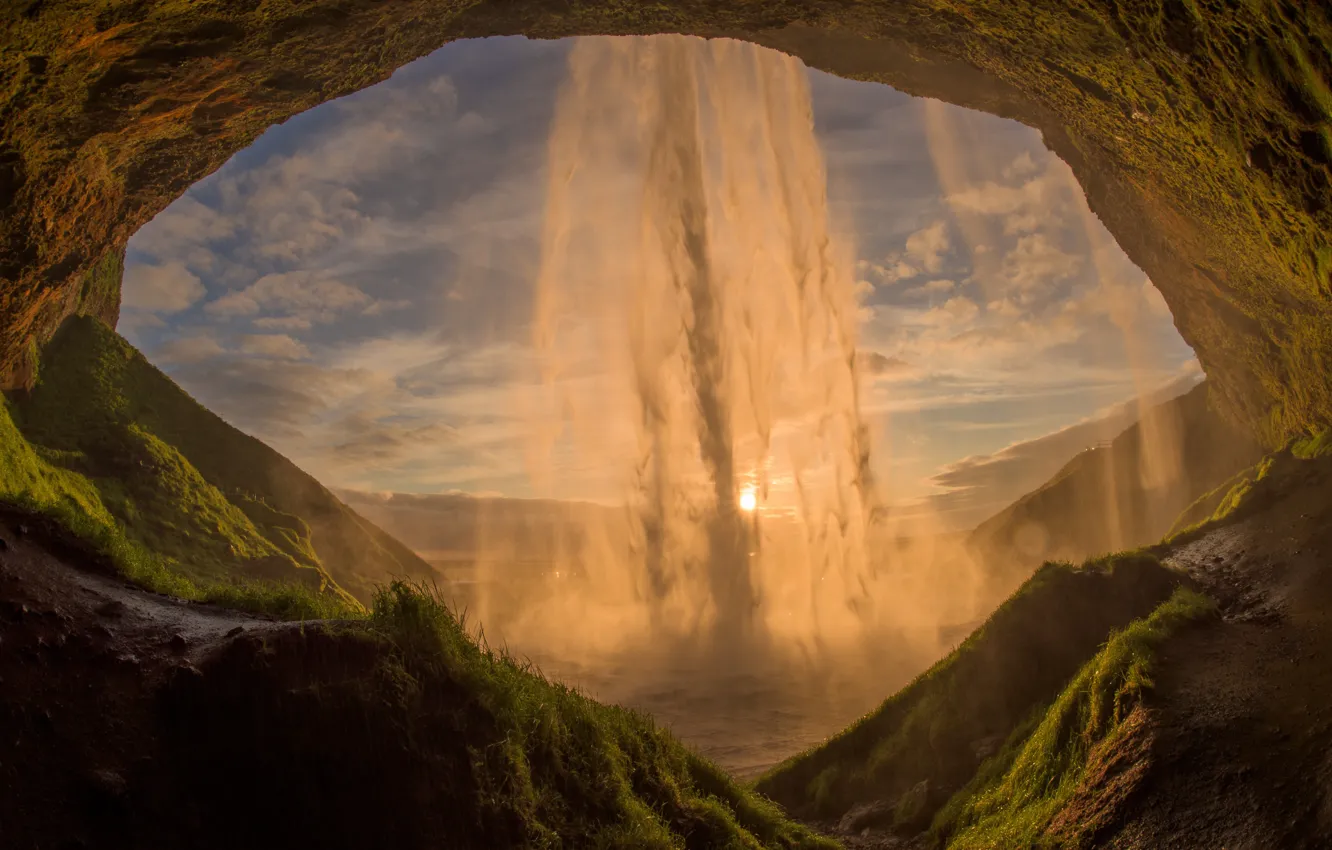Photo wallpaper the sun, waterfall, cave, Iceland, sun, waterfall, Iceland, Seljalandsfoss
