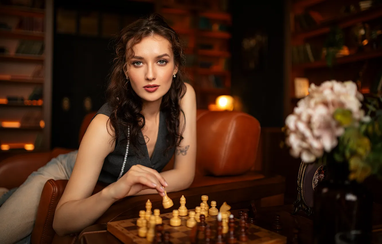 Photo wallpaper look, flowers, the game, gesture, beautiful girl, chess Board, Nastya, Dmitry Shulgin
