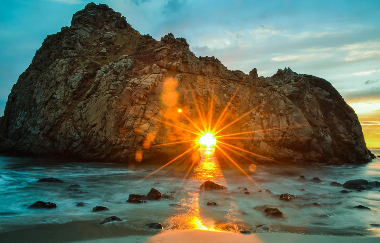 Photo wallpaper beach, the sun, rays, landscape, nature, the ocean, rocks, CA