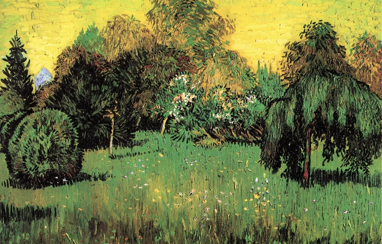 Photo wallpaper grass, trees, nature, flowers, the bushes, Vincent van Gogh, The Poet s Garden