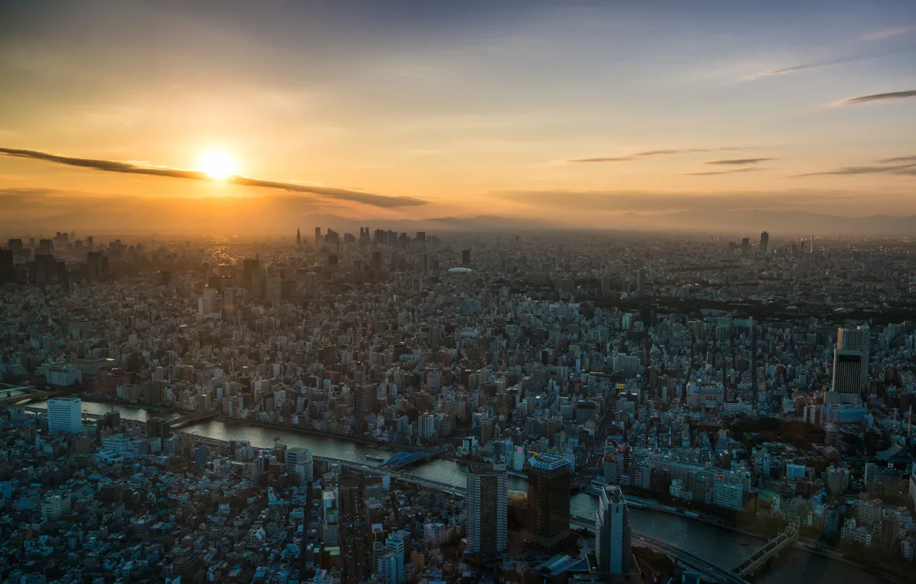 Photo wallpaper sunset, the city, river, dawn, view, Tokyo, Tokyo