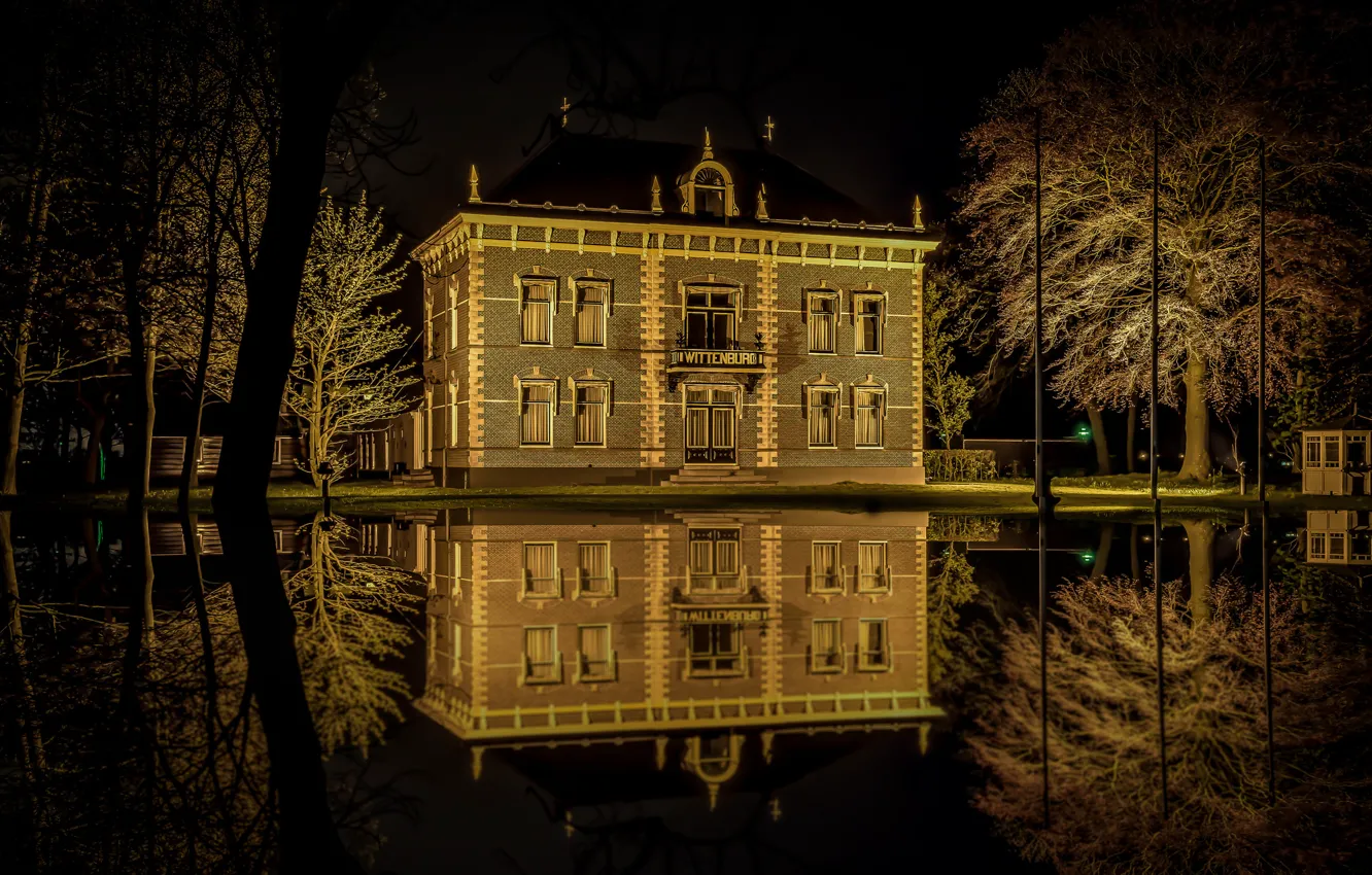 Photo wallpaper night, lights, lake, house, Park, Germany, Mecklenburg-Vorpommern, Wittenburg