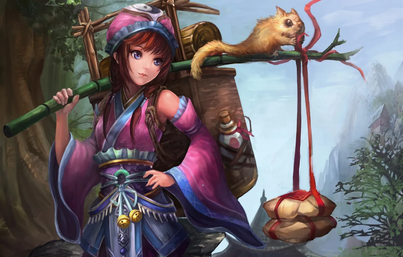 Photo wallpaper girl, trees, mountains, nature, smile, protein, bag, art